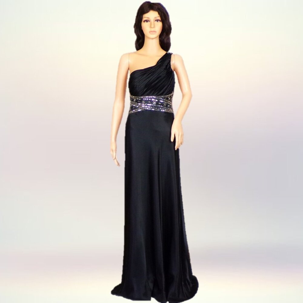 MXI size 9/10 black satin 1-shoulder full-length formal gown 100% polyester